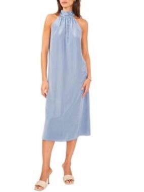 1.STATE Blue Halter Neck Mock Neck Satin Midi Dress Size Medium NWT